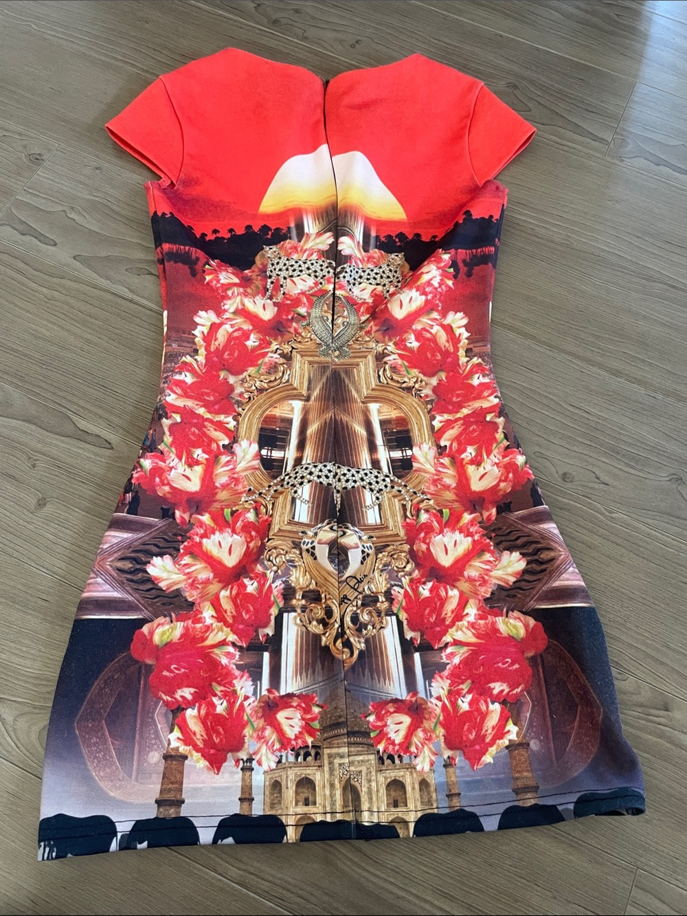 Philipp Plein Orange Taj Mahal / Leopard Floral Print Mini Dress Sz S - Picture 6 of 8